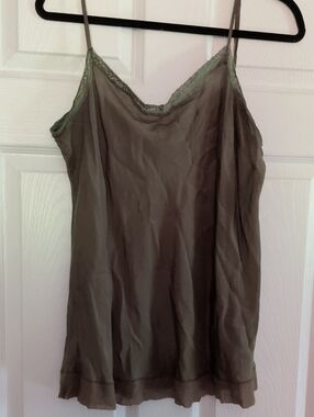 Green Silk Genuine 100% With Lace Detail Camisole Blouse Tank Top Real Plus Size
